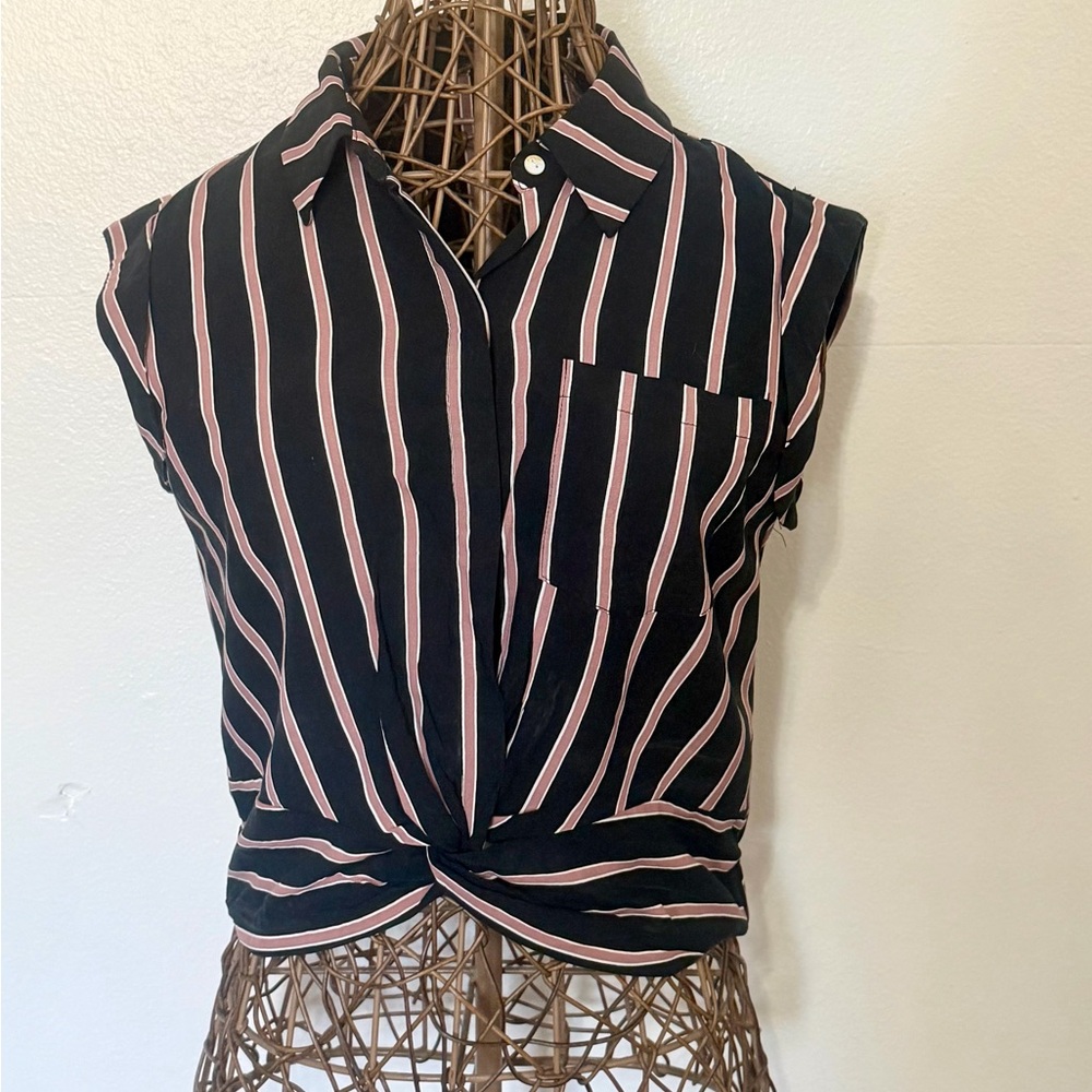 Sleeveless Black Blouse with Pink Vertical Stripes and Twist Front